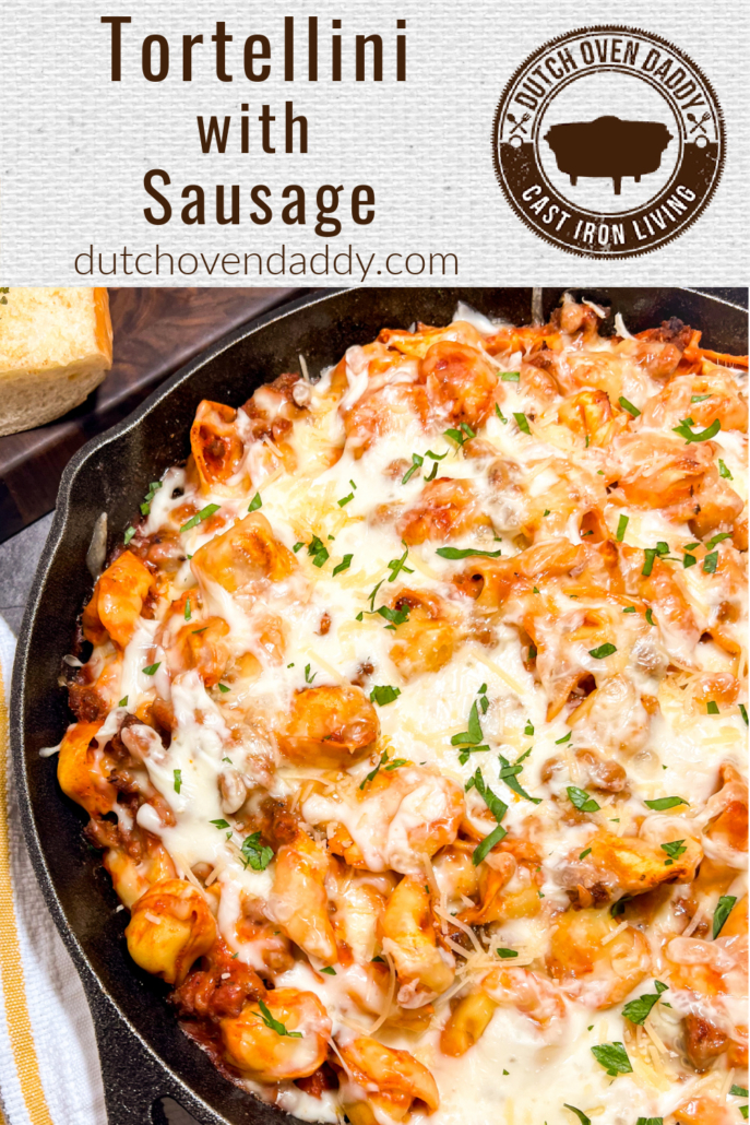 Branded image of Tortellini with Sausage in a cast iron skillet.