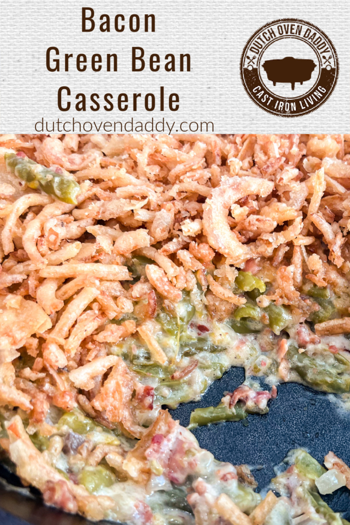 Branded image of Green bean casserole with bacon and cheese for social media.