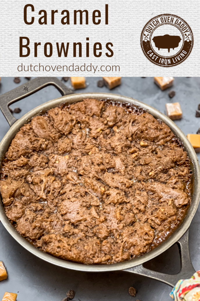 Branded image of skillet caramel brownies.