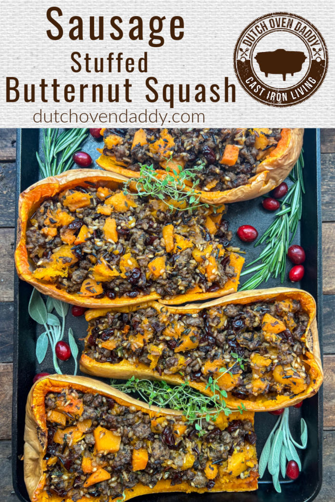 Branded image of Sausage Stuffed Butternut Squash in a cast iron sheet pan.