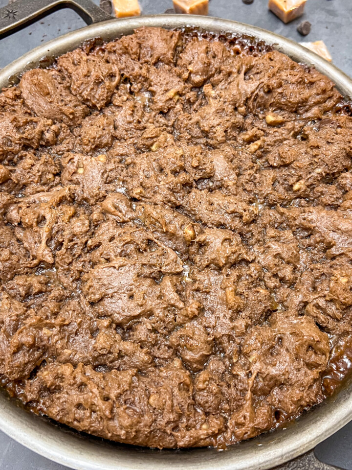 Skillet Caramel Brownies ready to be served.