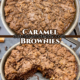Split image of skillet caramel brownies for social media.