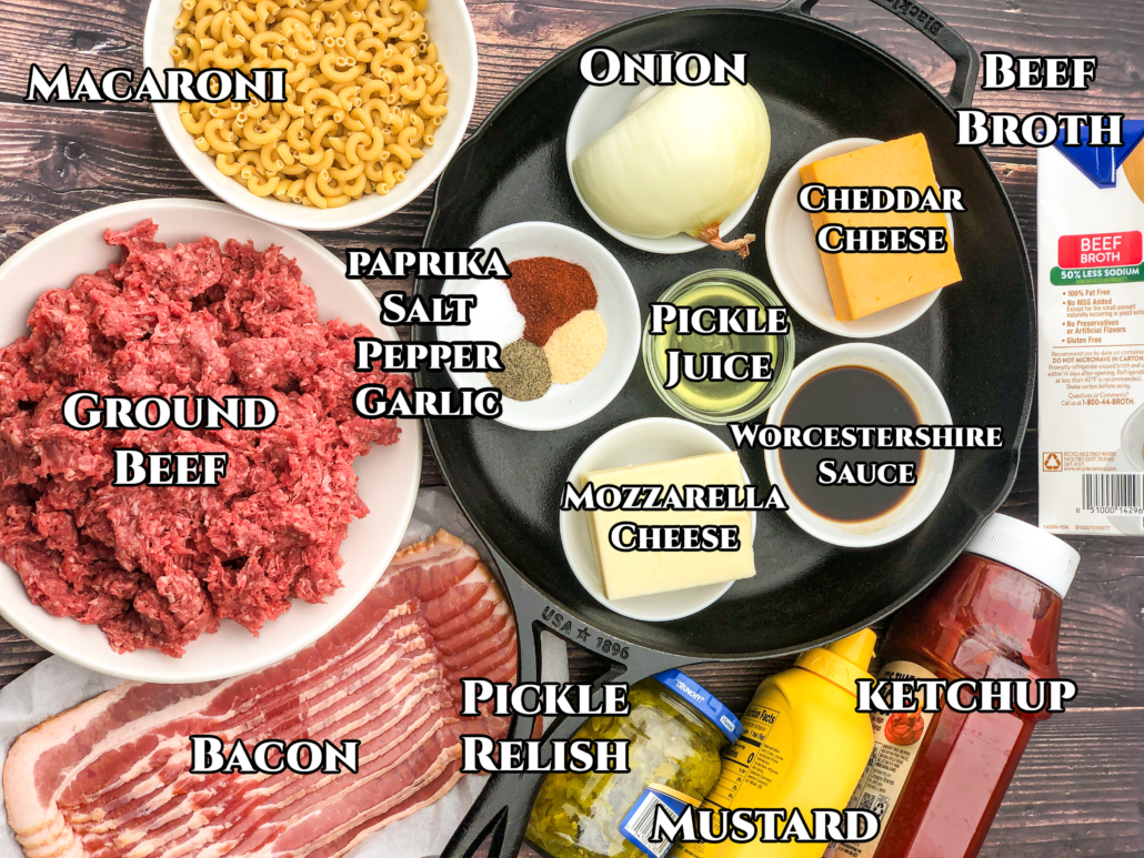 Ingredients to make bacon cheeseburger casserole: macaroni, ground beef, bacon, pickle relish, mushard, ketchup, beef broth, cheddar cheese, pickle brine, worcestershire sauce, mozzarella cheese, onion, paprika, salt, pepper, and garlic powder.