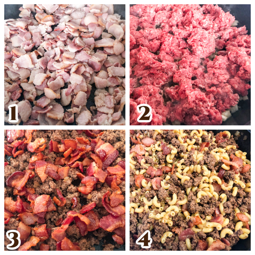 4 image college for the first four step by step directions for bacon cheeseburger casserole.