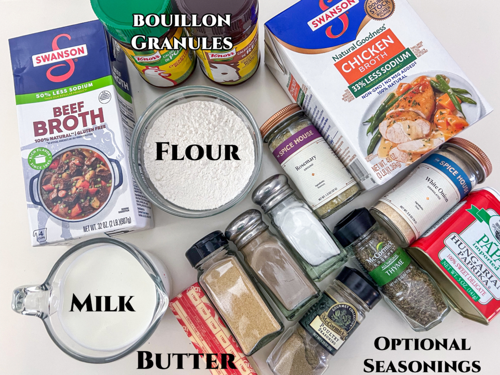 Ingredients to make pan gravy: broth (both chicken and beef), bouillon (both chicken and beef), flour, milk, butter, and many seasonings that are pictures as optional flavor enhancers (salt, pepper, poultry seasoning, rosemary, thyme, garlic powder, white onion powder, and sweet paprika).