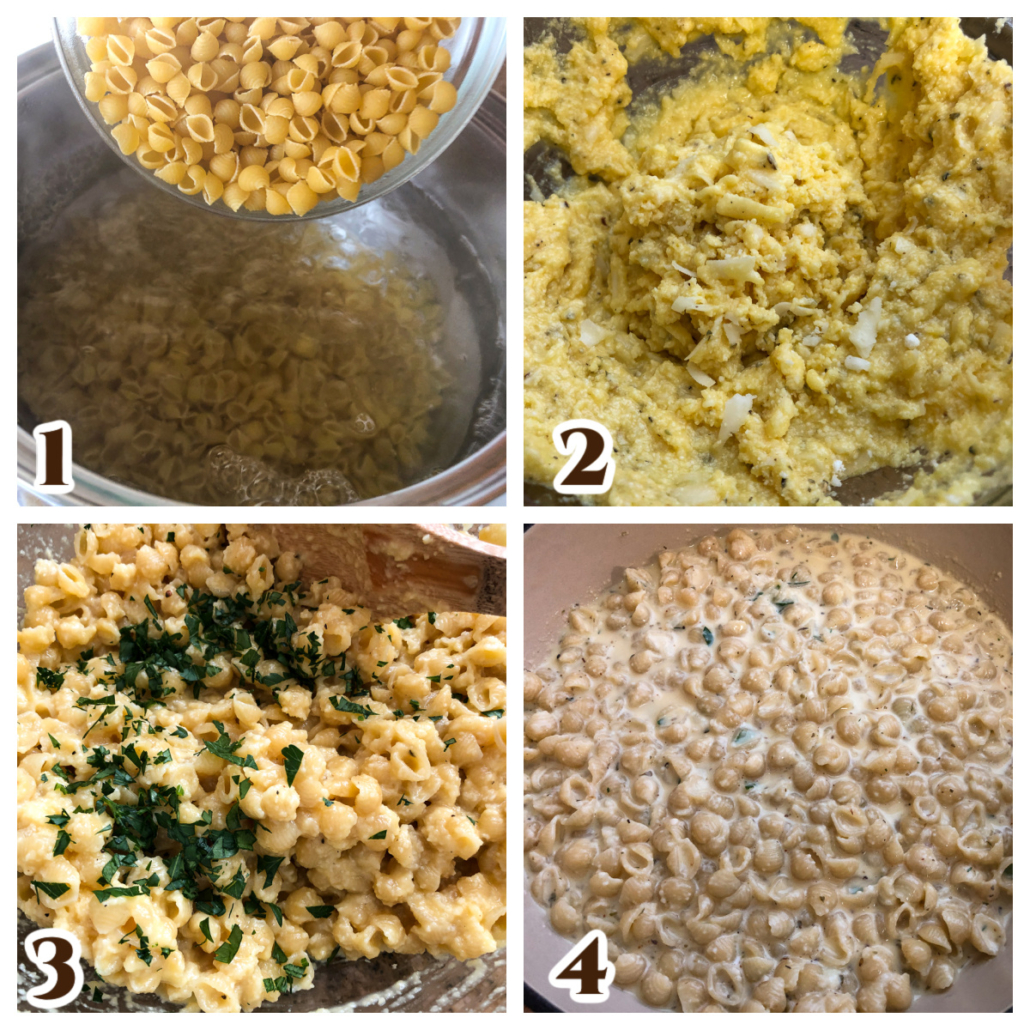 Step by step image collage for making pizza pasta, parts one through four.