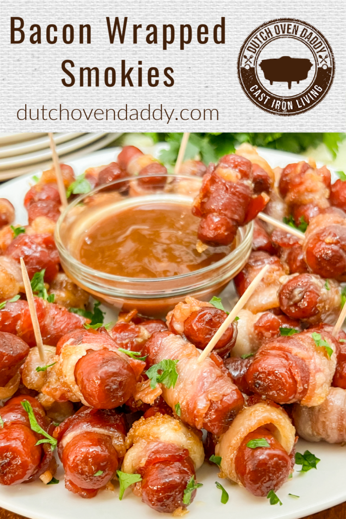 Branded image of Little sausages wrapped in bacon, with one being dipped in BBQ sauce.