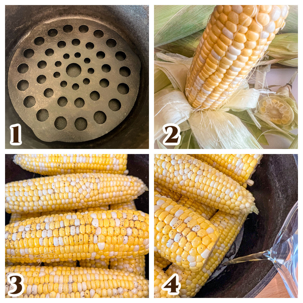 Step by step directions for steaming fresh corn on the cob.
