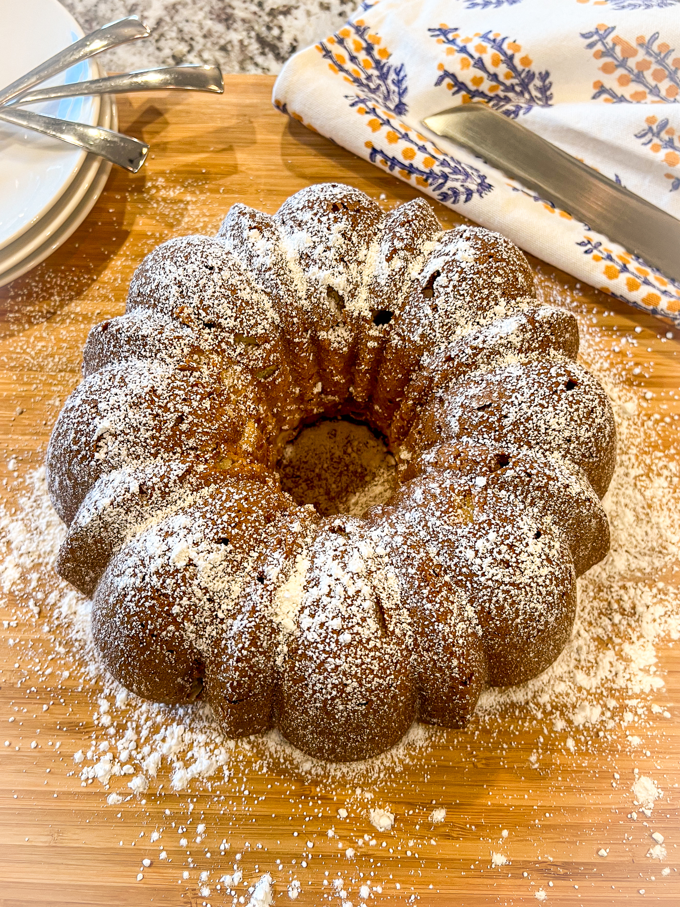 Mrs. Lincoln's almond cake dusted with powdered sugar ready to be served.