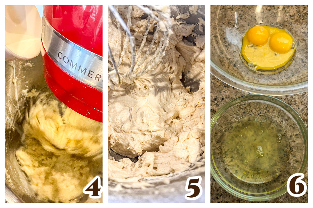 The last three steps in process shots for making the white almond cake.