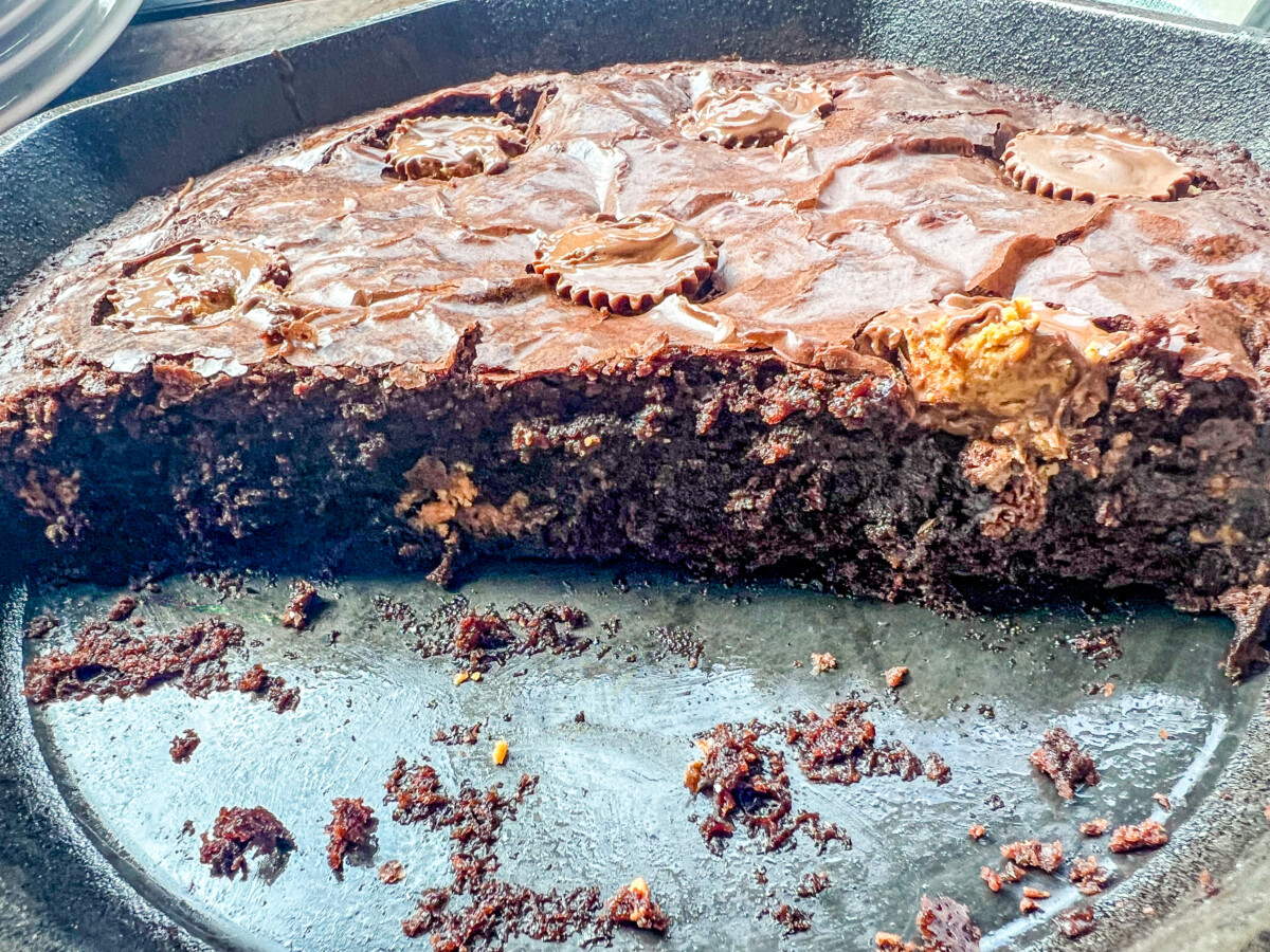 Brownies in the skillet to show texture.