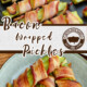 Branded split image of bacon wrapped pickles for social media.