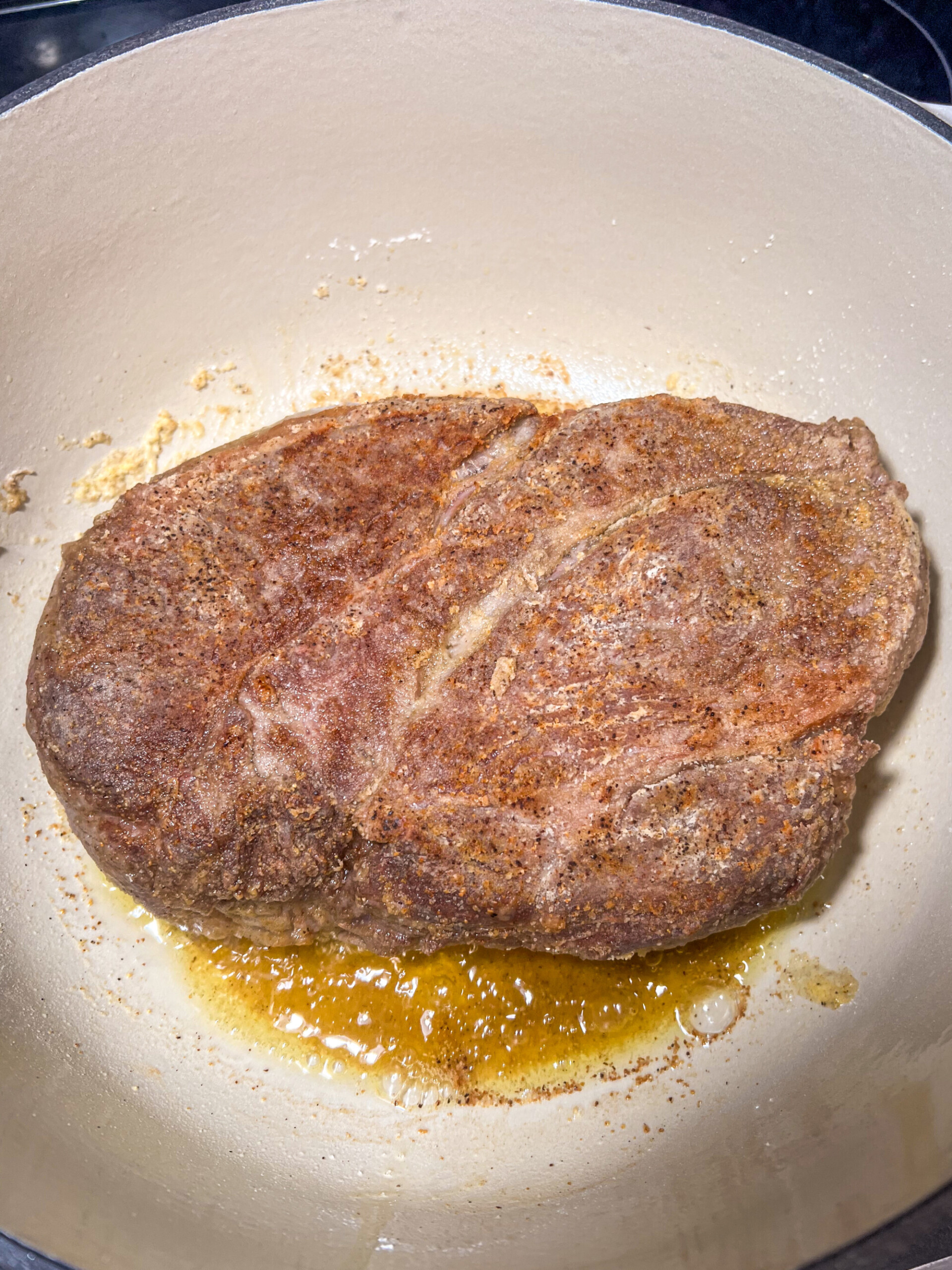 Roast in Dutch oven searing with olive oil. Step 2