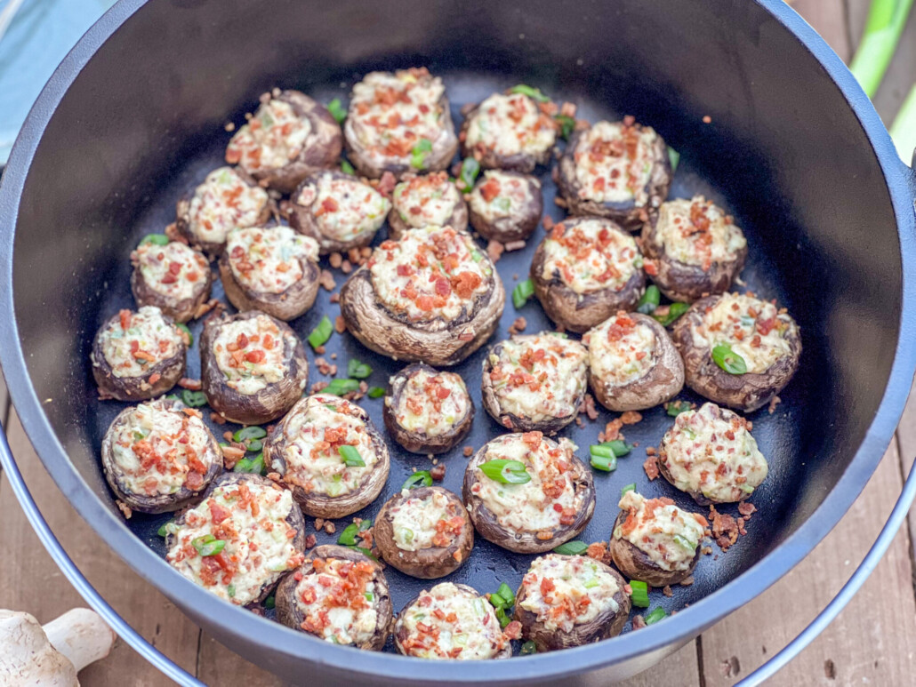 Cream Cheese Stuffed Mushrooms in a 12" camp oven.