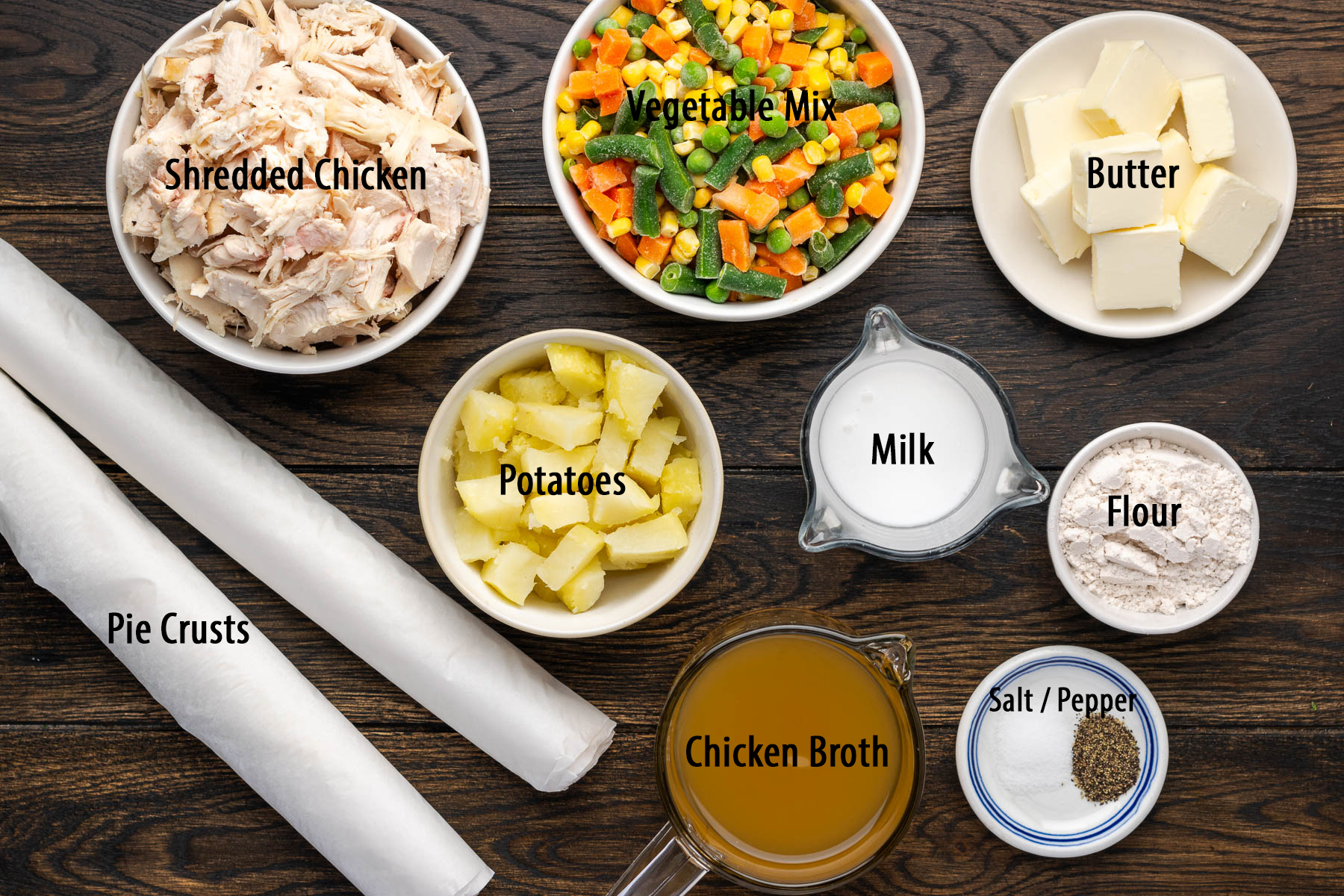 All the ingredients for a chicken pot pie in a skillet. Pie crusts, chicken, vegetables, butter, pie crusts, potatoes, milk, flour, chicken broth, salt and pepper.
