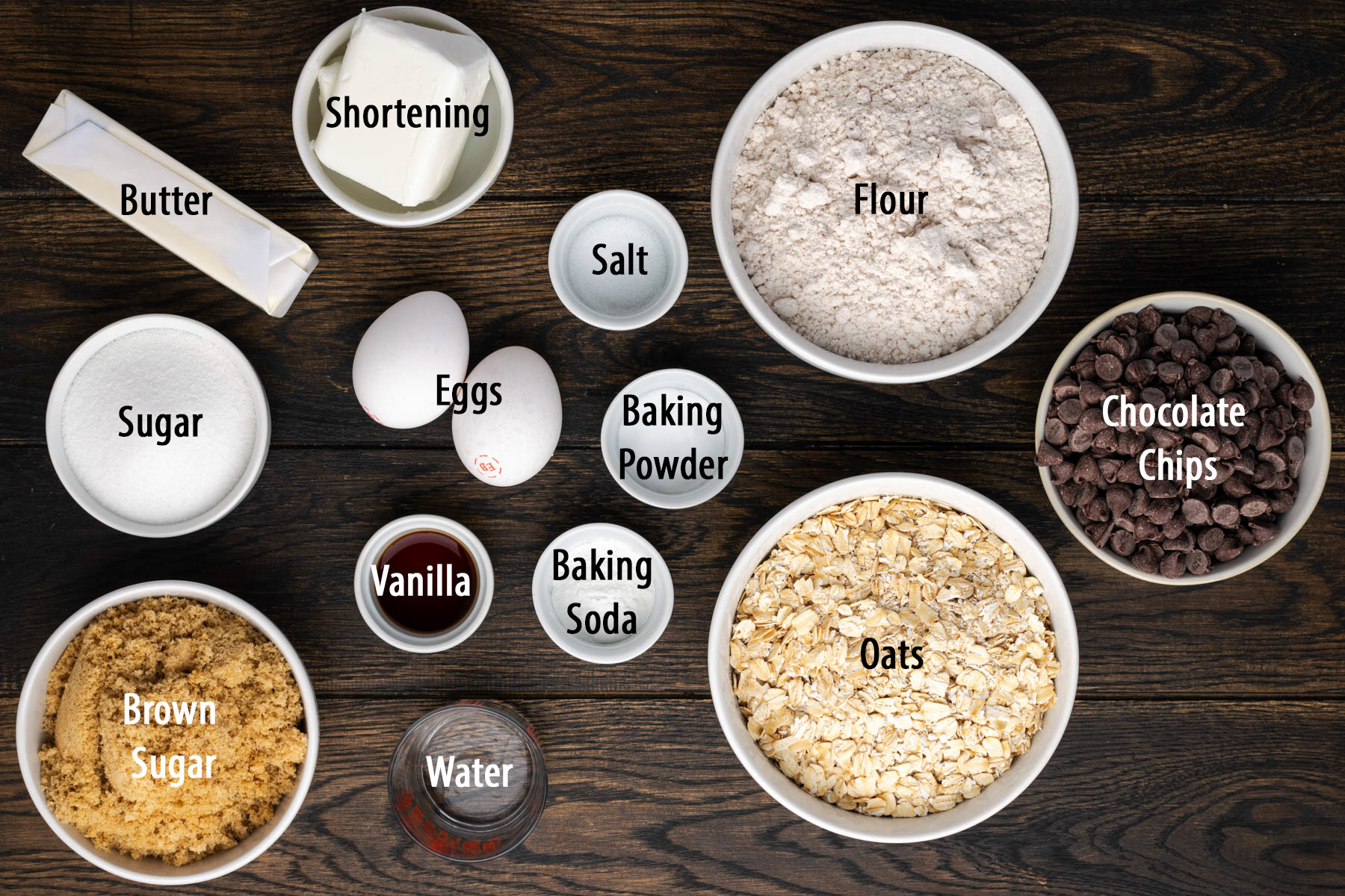 The ingredients for Oatmeal Chocolate Chip Cookies. 