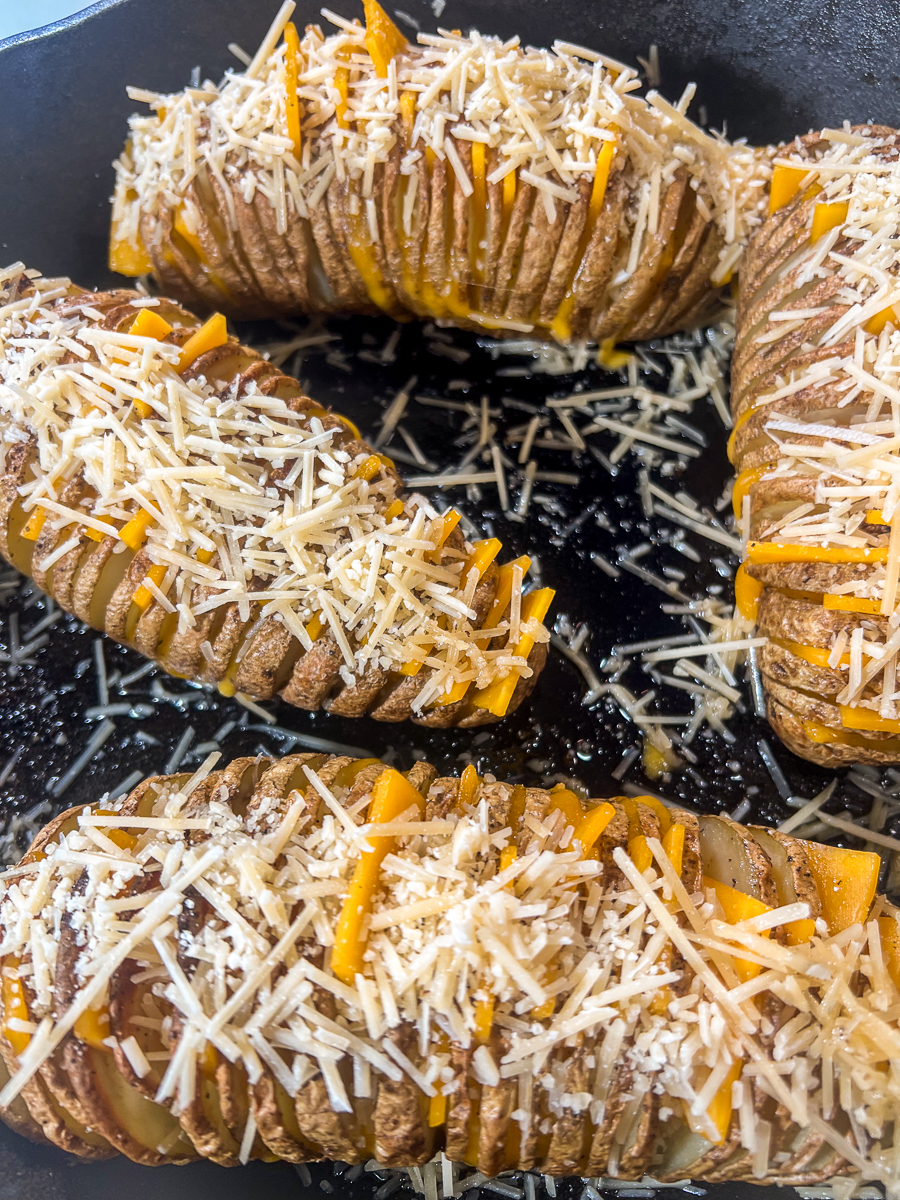 Shredded Parmesan cheese sprinkled atop the potatoes.
