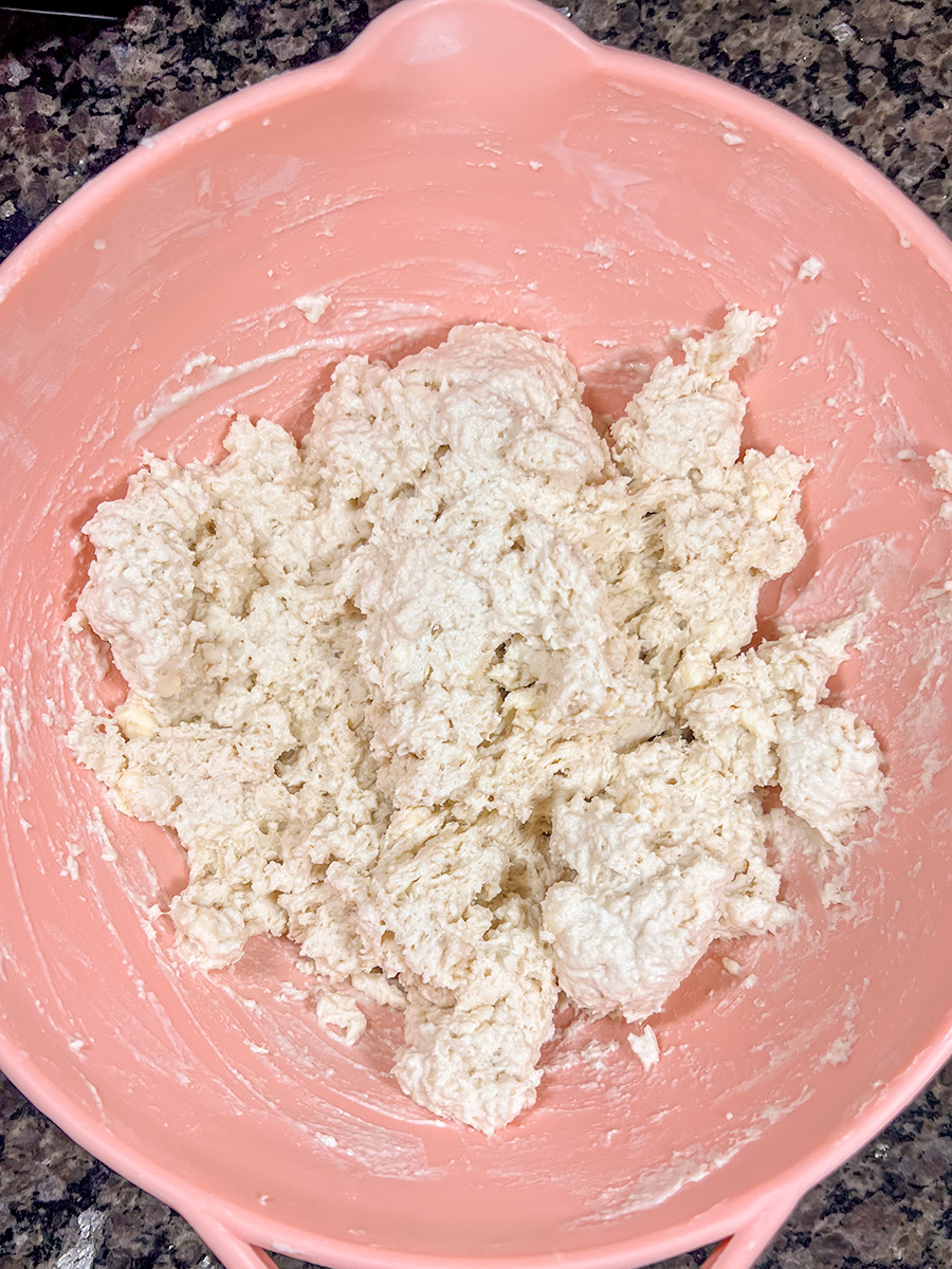 Dough mixed together in a bowl.