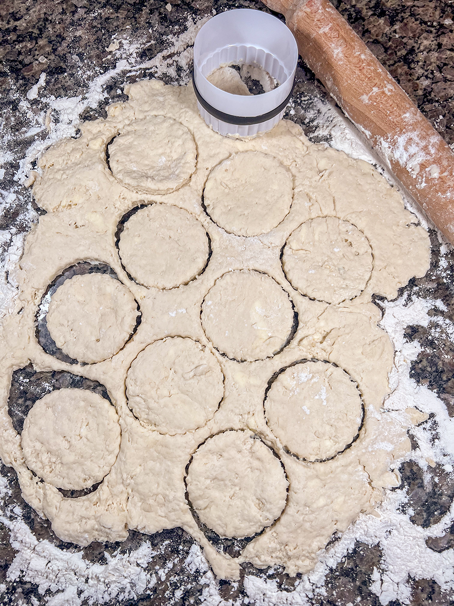 Biscuit dough rolled out and cut into round shapes.