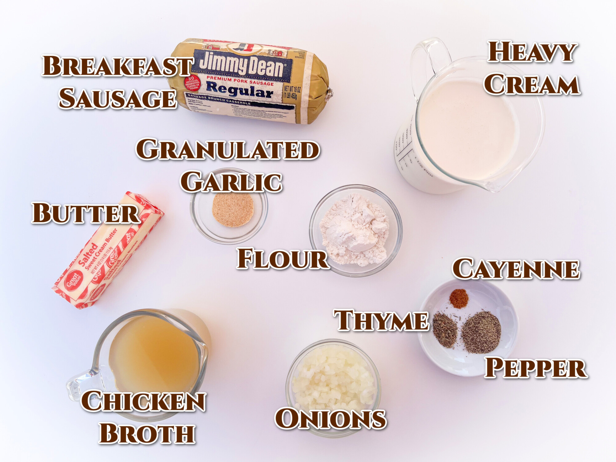 Ingredients needed to make old fashioned sausage gravy on the table. 