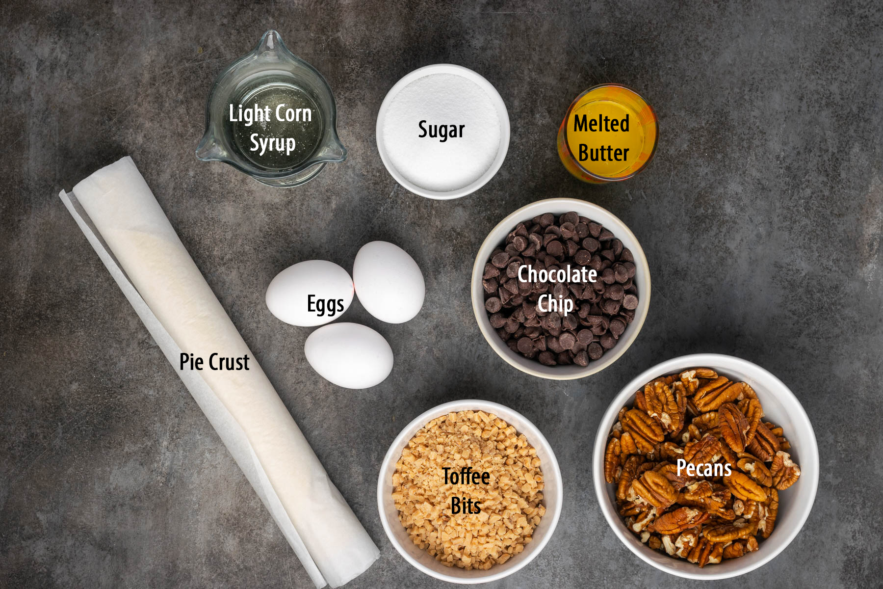 Ingredients to make a chocolate pecan pie on the table with text labels. 
