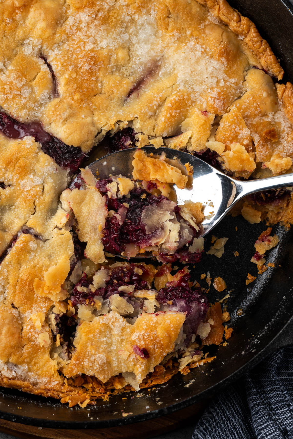 A blackberry cobbler with pie crust and a spoon breaking up the top crust to show the inside.