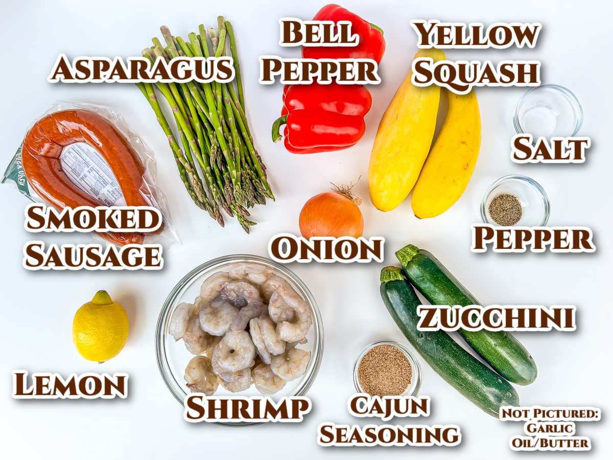 Ingredients to make Cajun shrimp and sausage with text labels next to each one. 