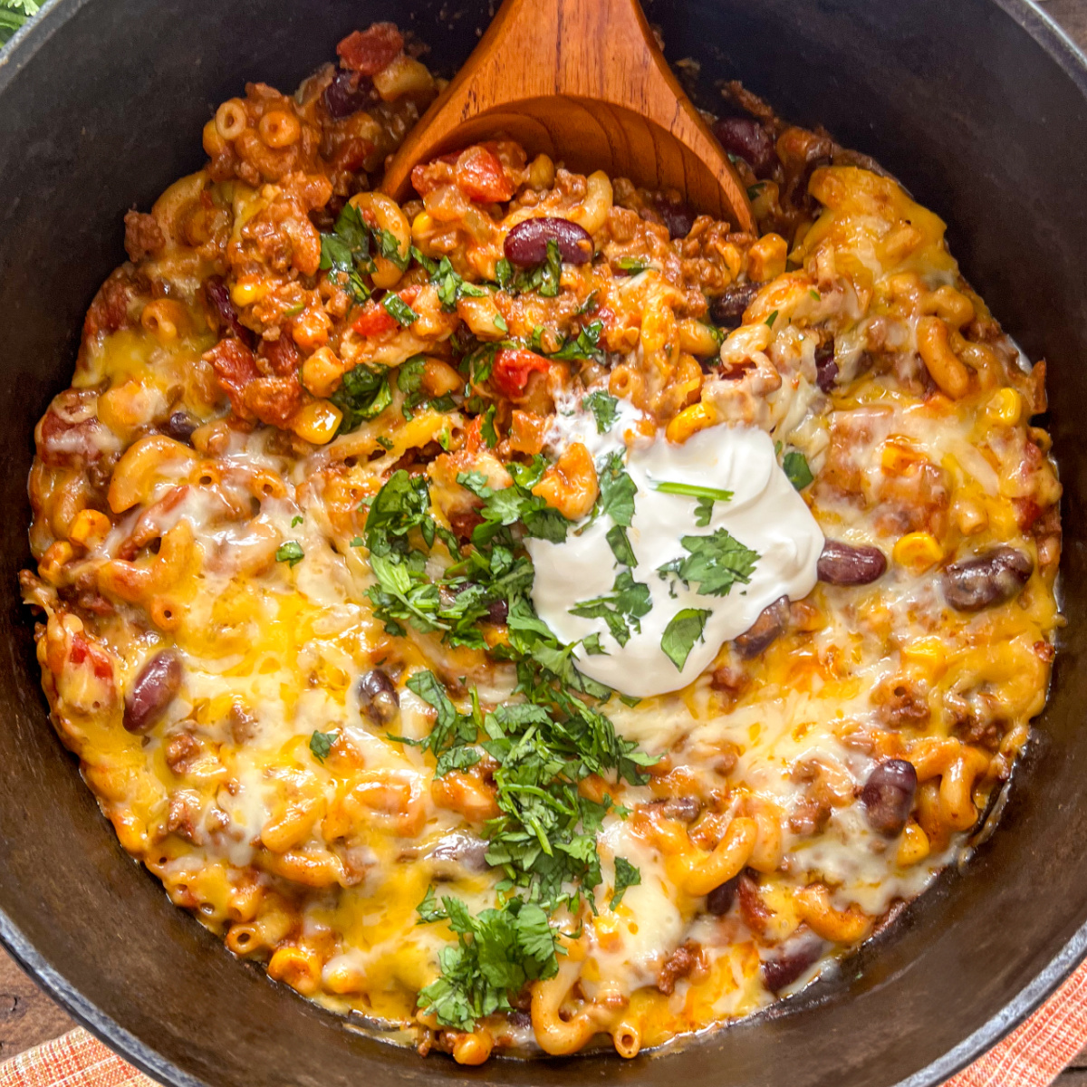 Close up image of dutch oven chili mac.