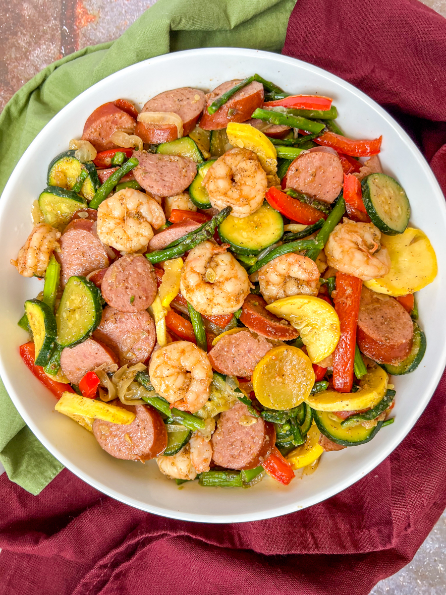 Cajun Shrimp and Sausage in a bowl ready to eat. 