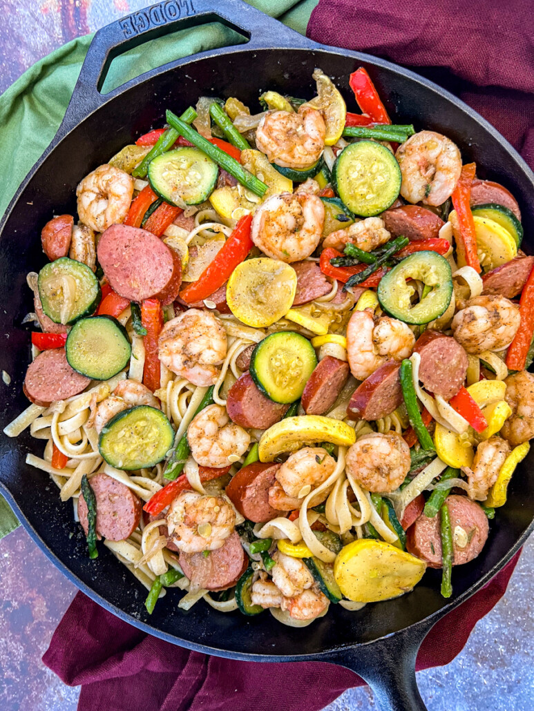 Cajun Shrimp and Sausage in a 12" Lodge cast iron skillet.