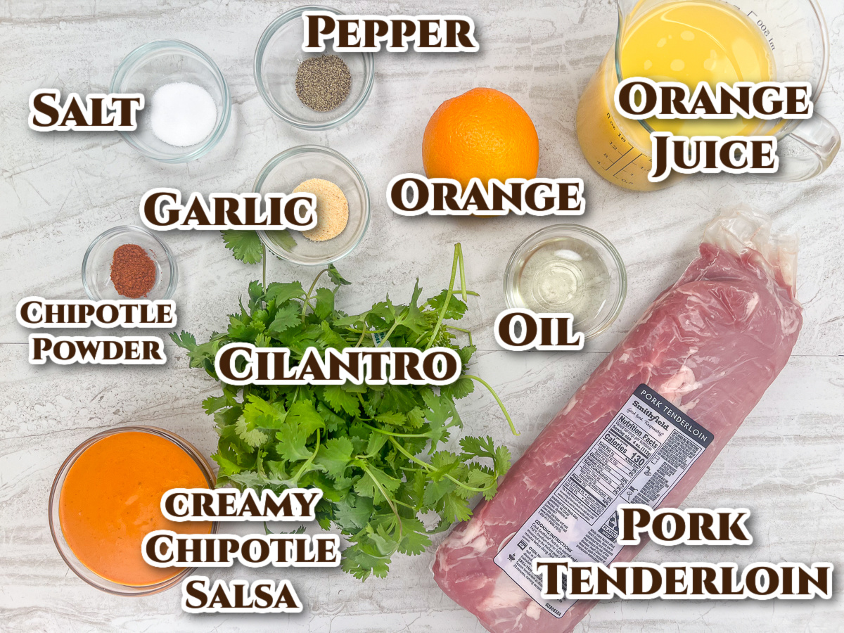 Labeled ingredient image: salt, pepper, orange, orange juice, oil, pork tenderloin, cilantro garlic, chipotle powder, and creamy chipotle salsa.