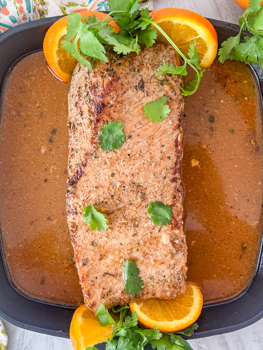 Pork tenderloin cooked in a chipotle and orange sauce.