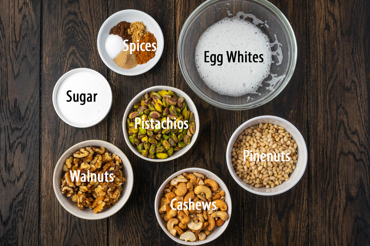 Ingredients to make cinnamon nuts on the table.