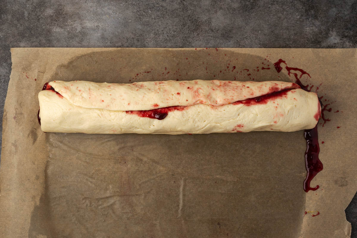 Dough rolled into a long log.