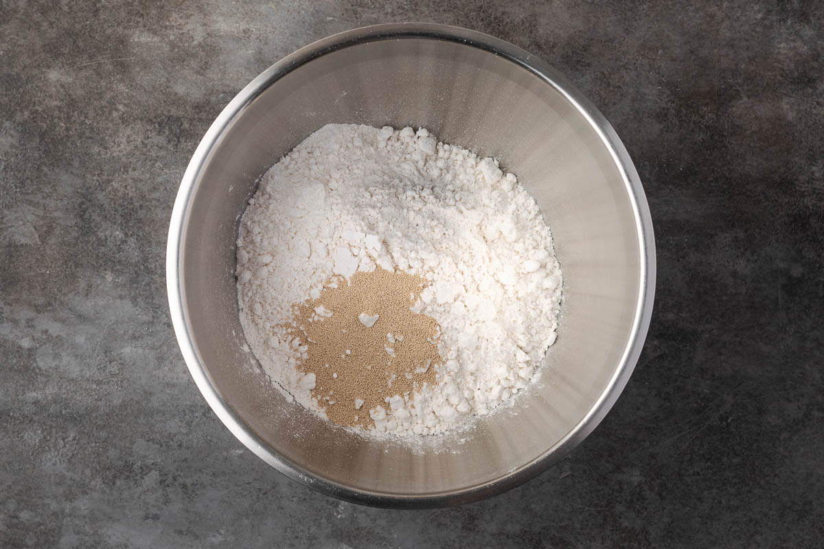 Dry ingredients in a mixing bowl.