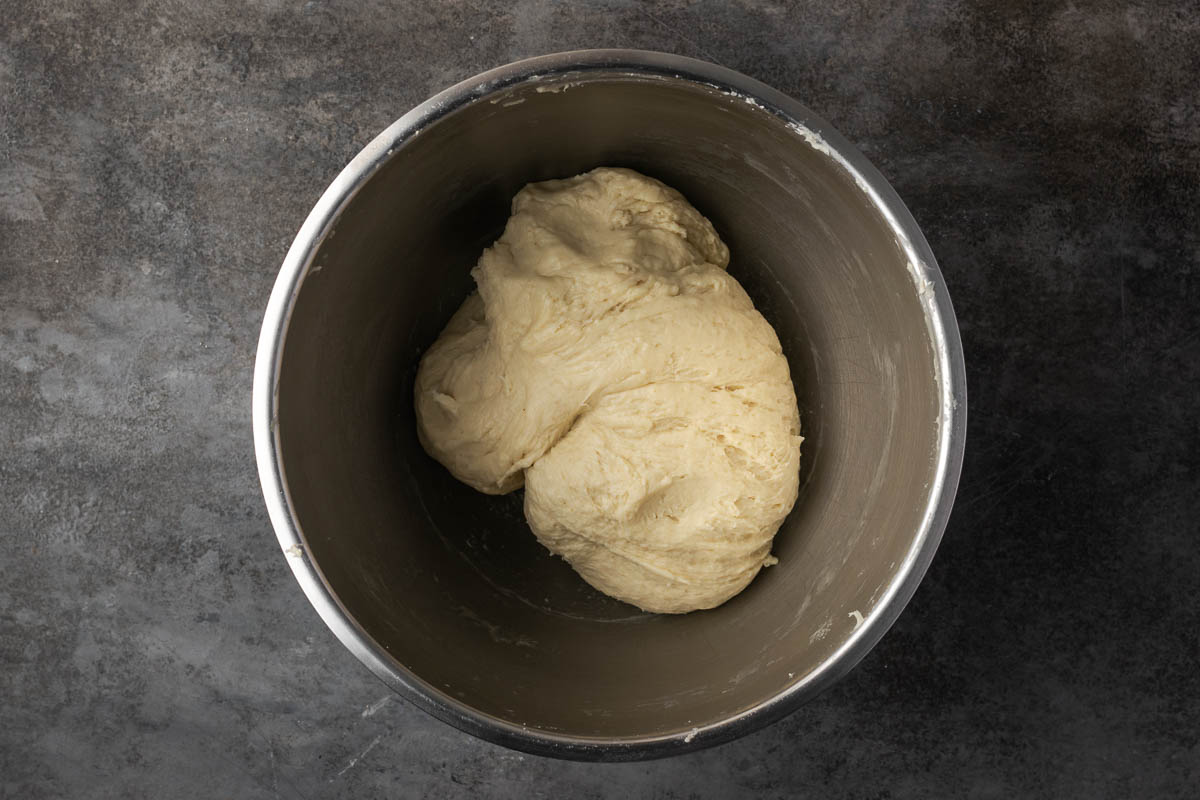 Dough after kneading in a bowl.