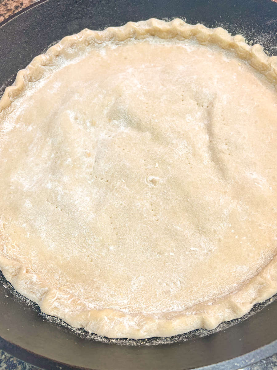 Dough added to a pan.