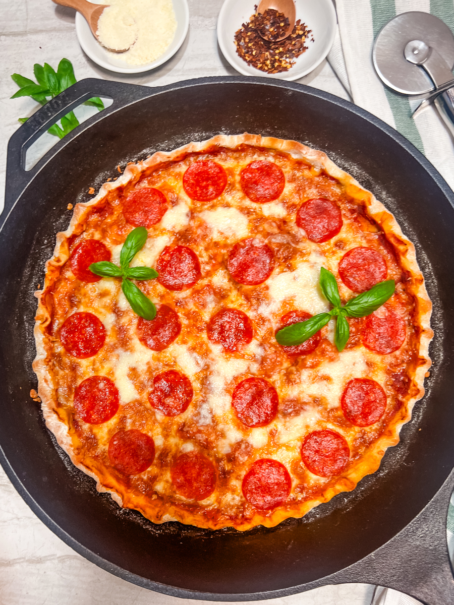 Pepperoni cast iron pizza after baking.