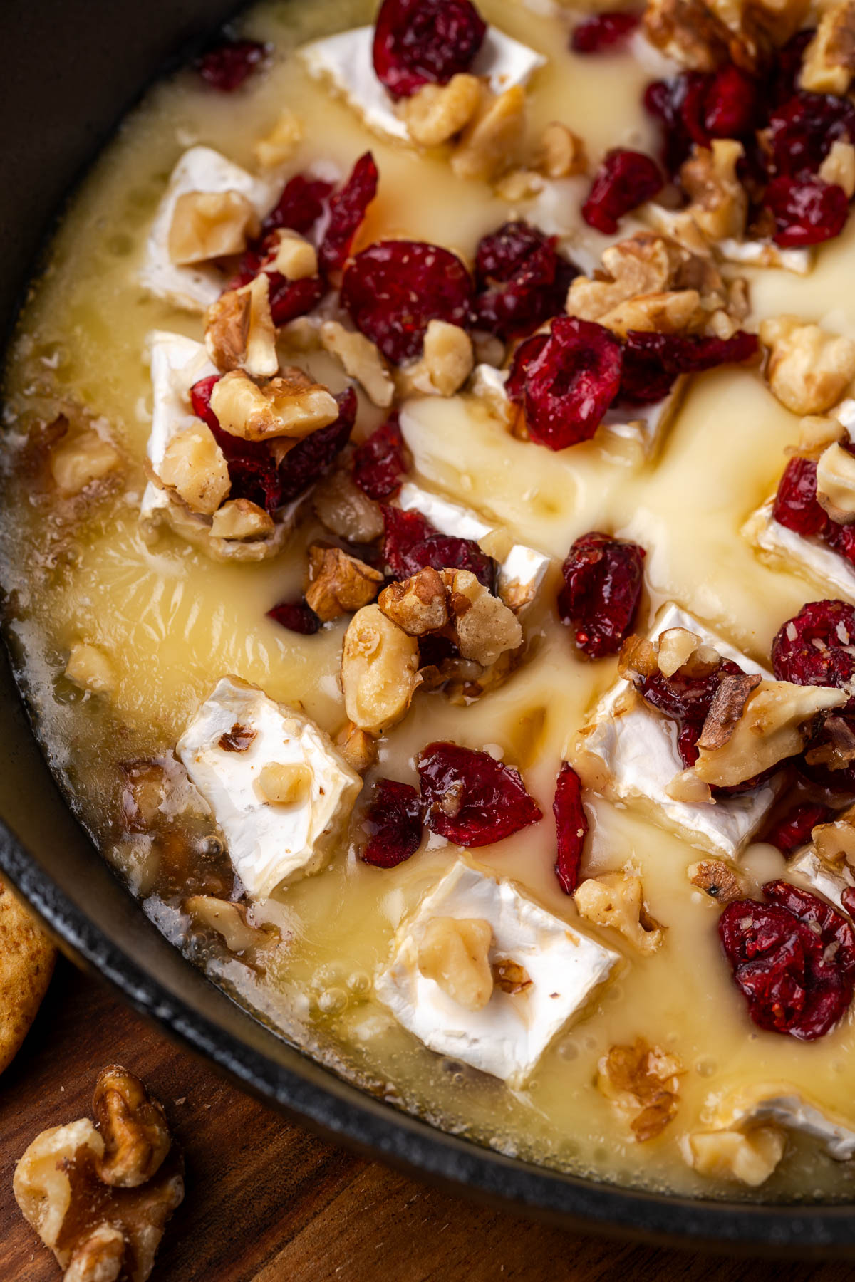 Cranberry brie baked in a skillet. 
