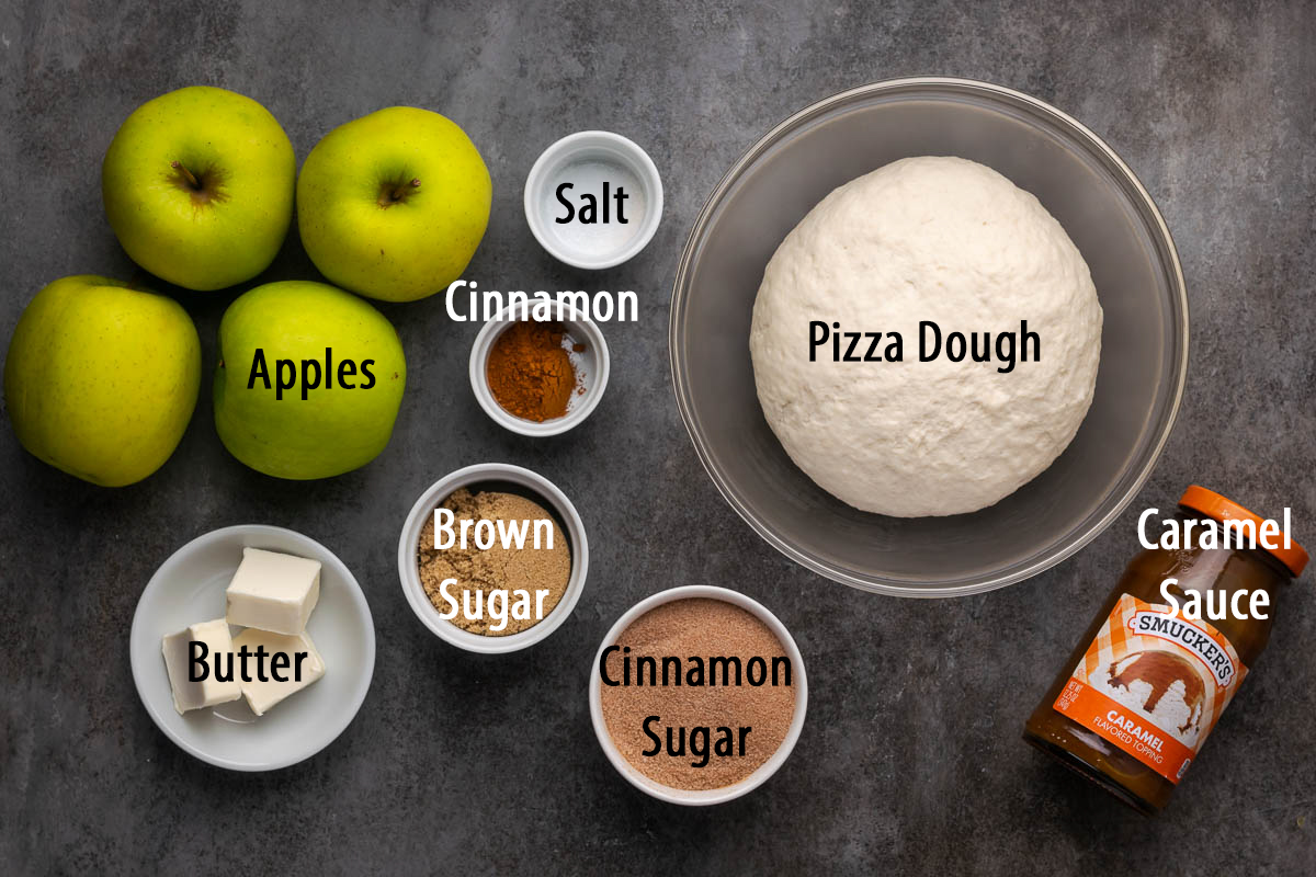 Ingredients to make an apple dessert pizza on the table.