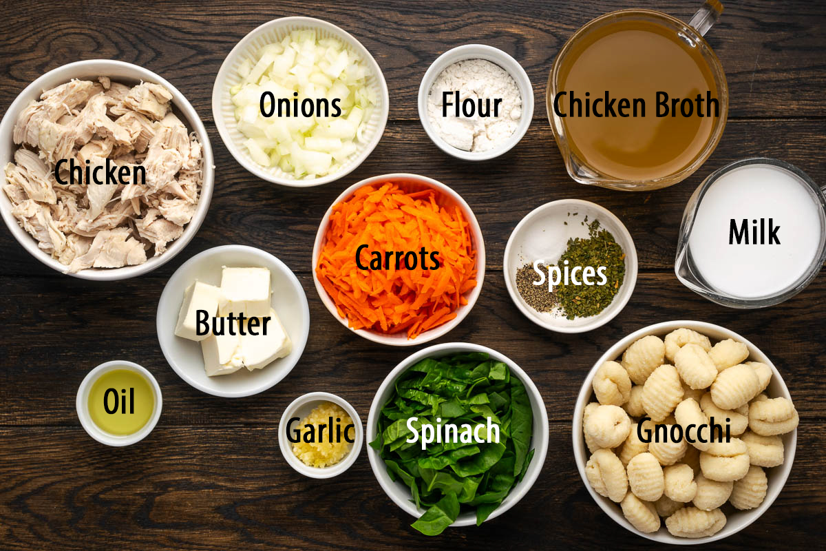 Ingredients to make chicken gnocchi soup with labels on the bowls.