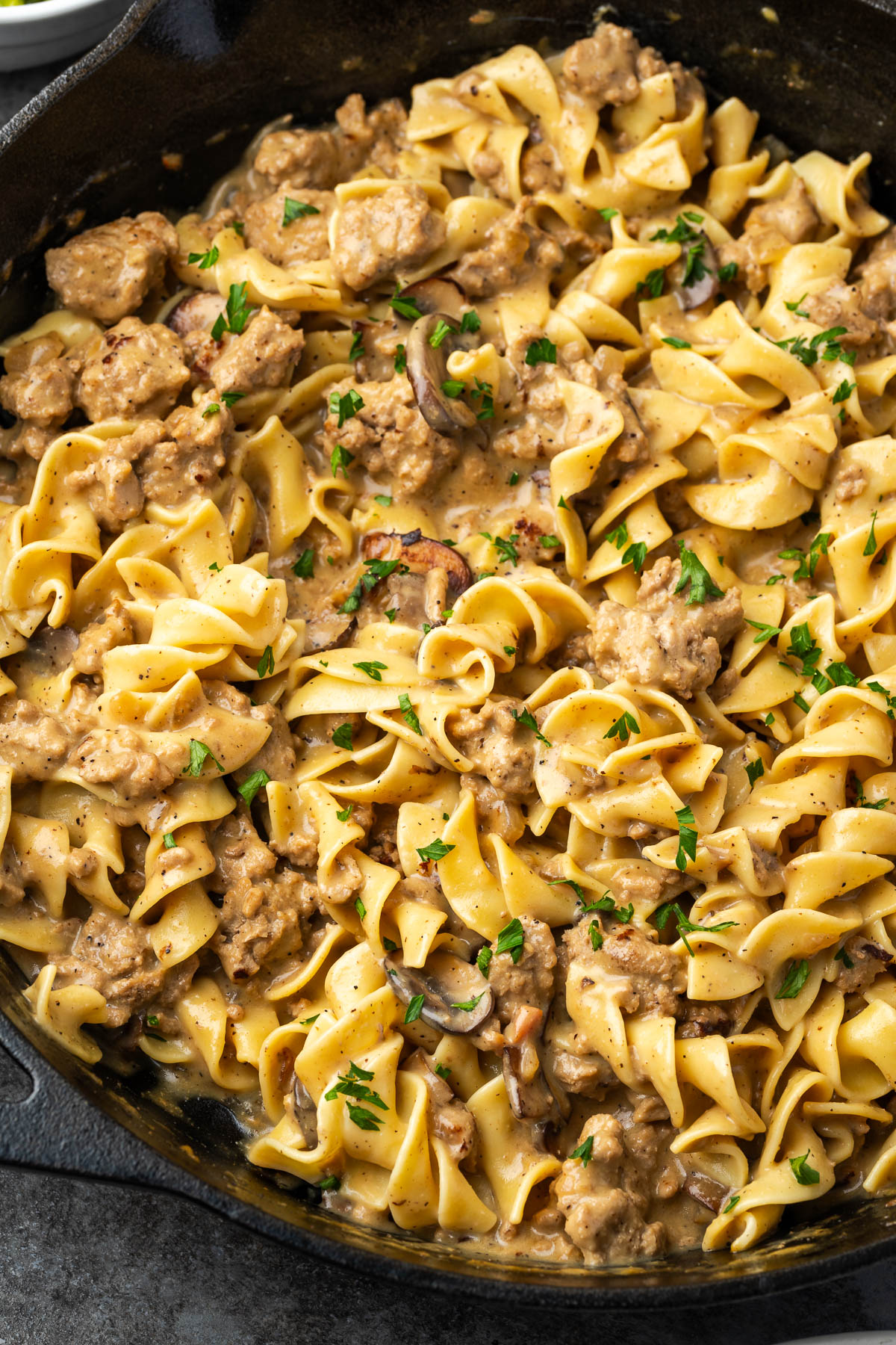 Ground turkey stroganoff in a cast iron skillet.