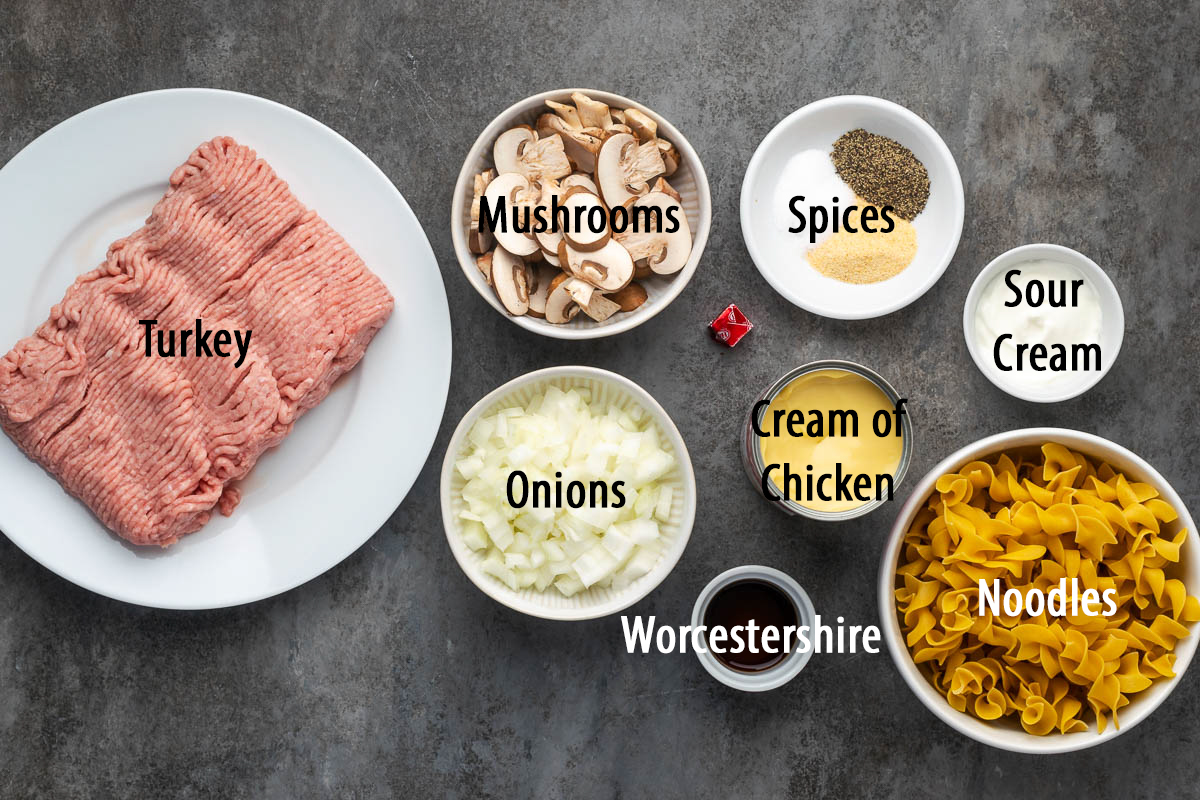 Ingredients to make turkey stroganoff on the table with text labels next to each.