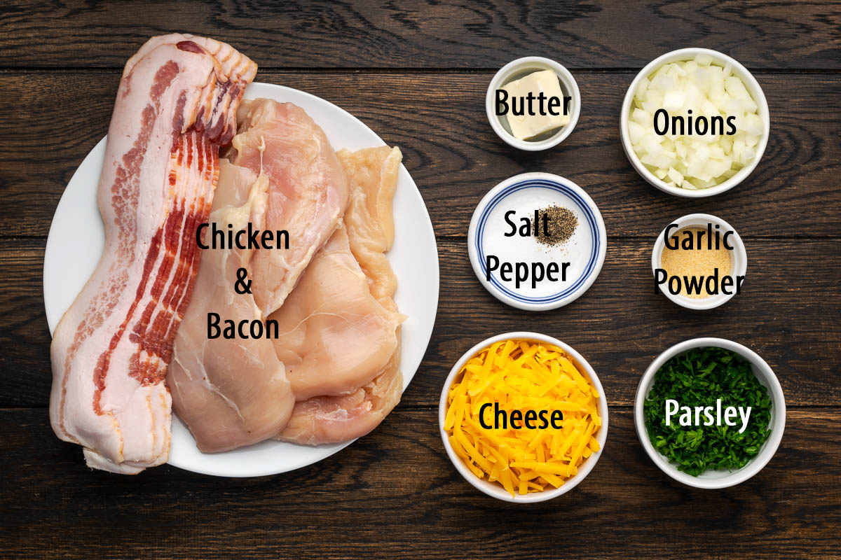 Ingredients to make chicken with bacon and cheese in bowls with text labels on top.