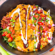 BBQ chicken rice bowls are ready to be served.