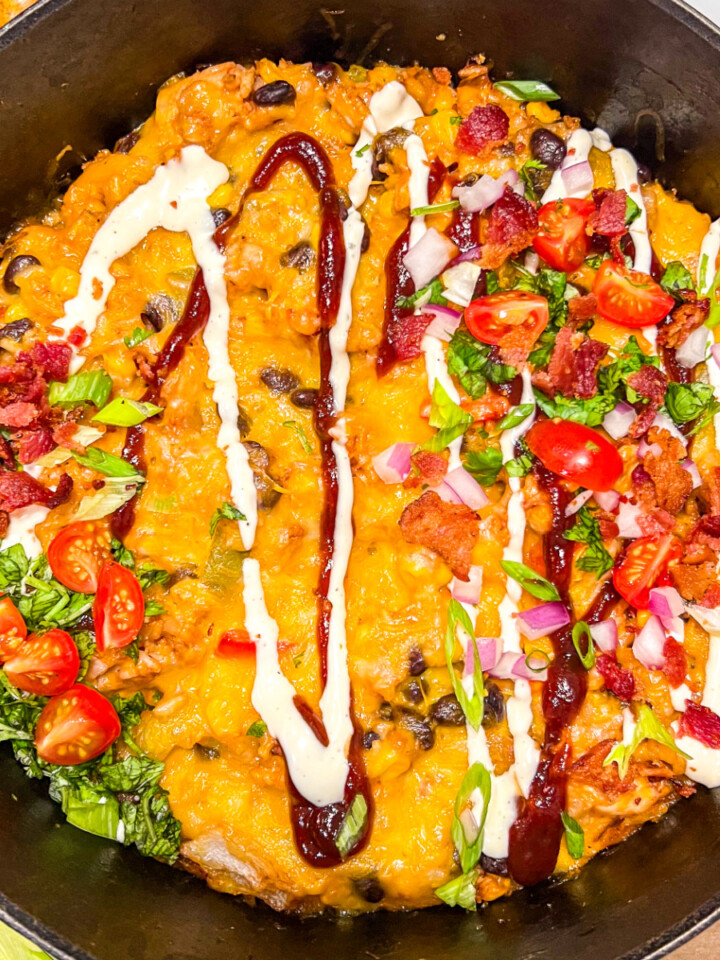 Image of barbecue chicken and rice garnished with lots of toppings.
