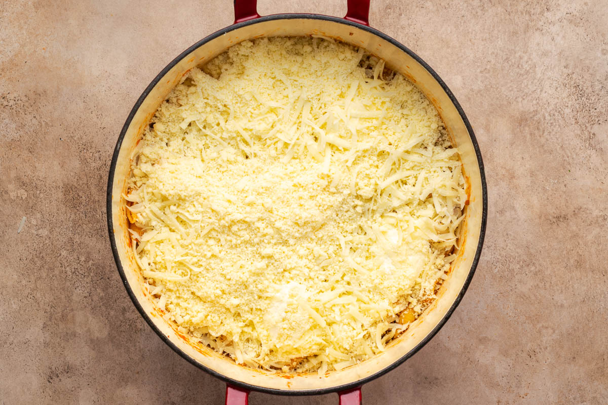 Shredded mozzarella added on top.