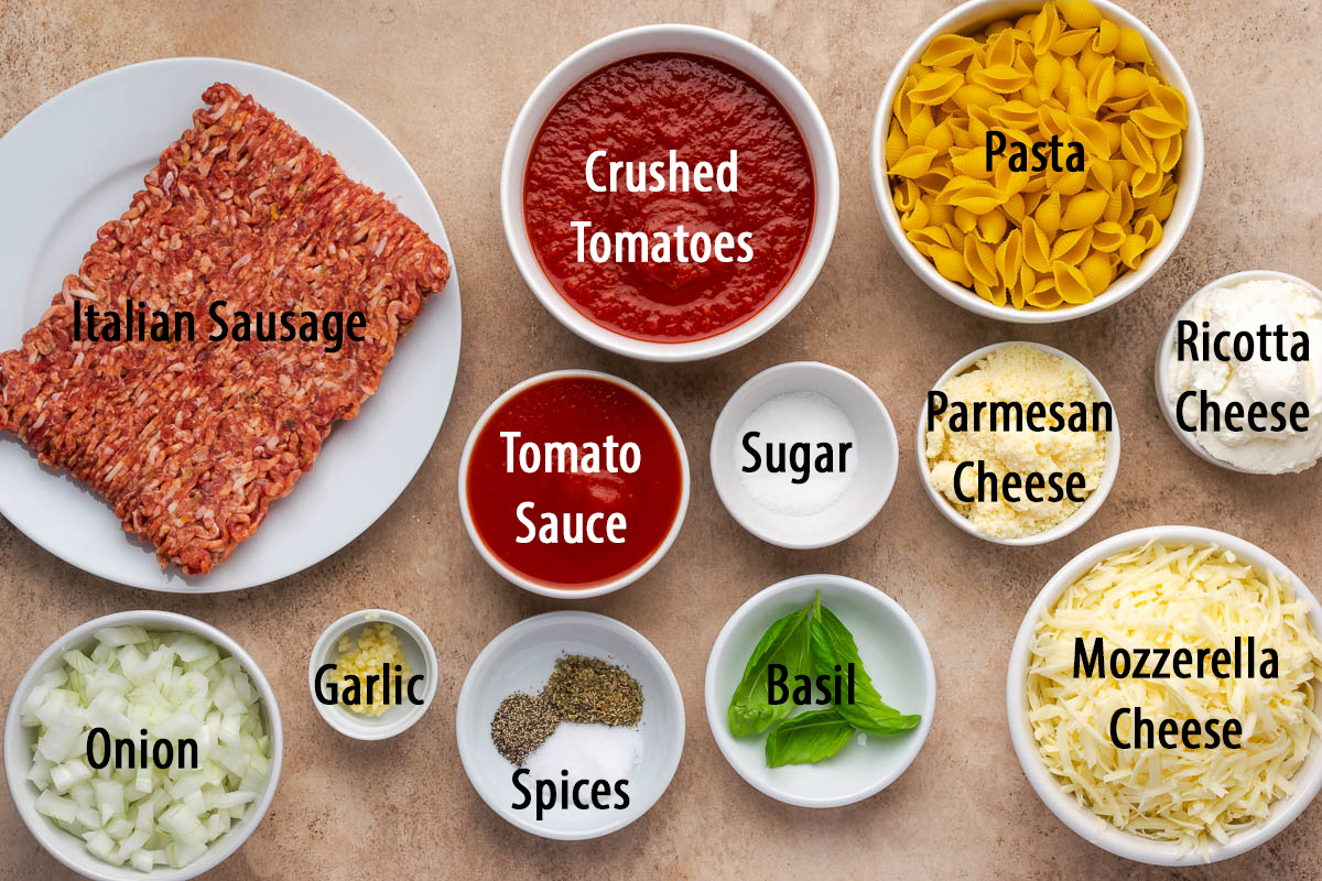 Ingredients on the table to make baked manicotti.