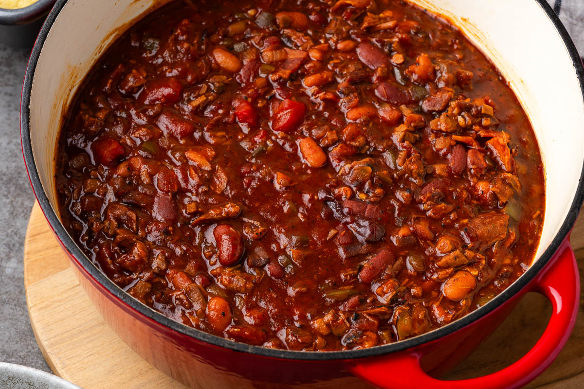 Finished brisket and beans in a Dutch oven.