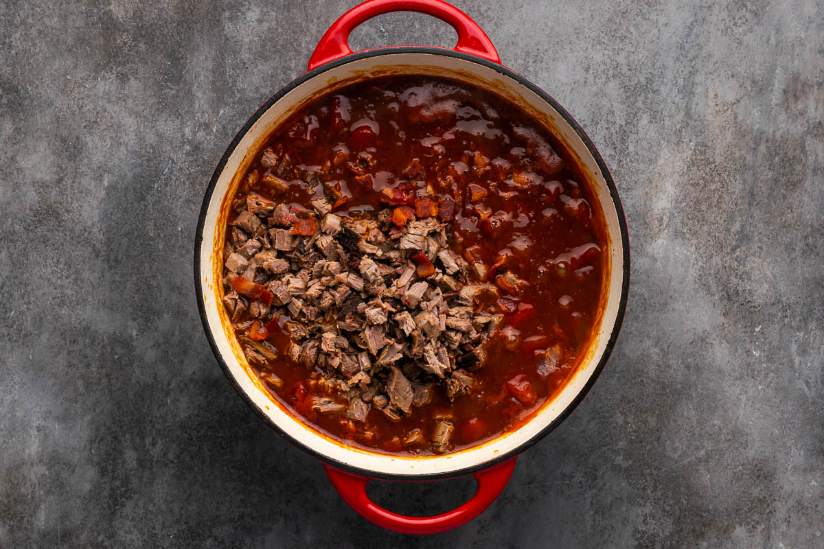 Brisket added to the pot with the beans.